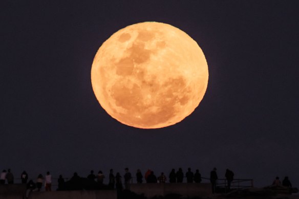 A “super blue moon” rises over Bondi Beach in August.