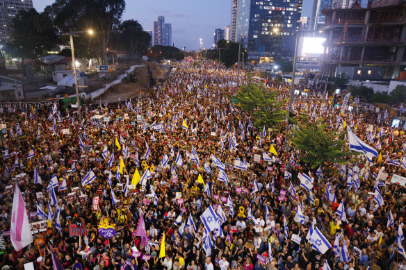 Israelis protest for hostage release and against the Netanyahu government during a demonstration in Tel Aviv in early September.