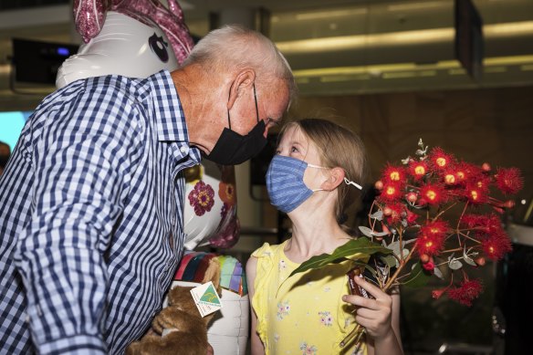 Charlotte Roempke connects with her grandad Ernie Edmunds for the first time in more than two years. 