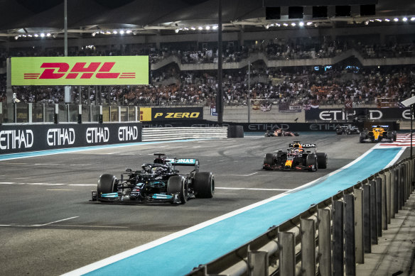 Lewis Hamilton leads Max Verstappen in that dramatic, title-deciding, season-ending race in Abu Dhabi.