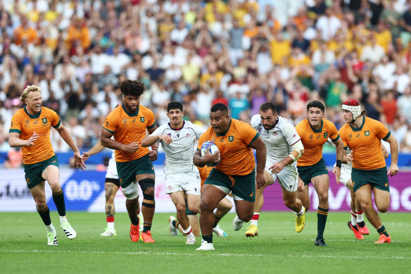 Taniela Tupou makes a break during the Wallabies’ opening match of the World Cup against Georgia.