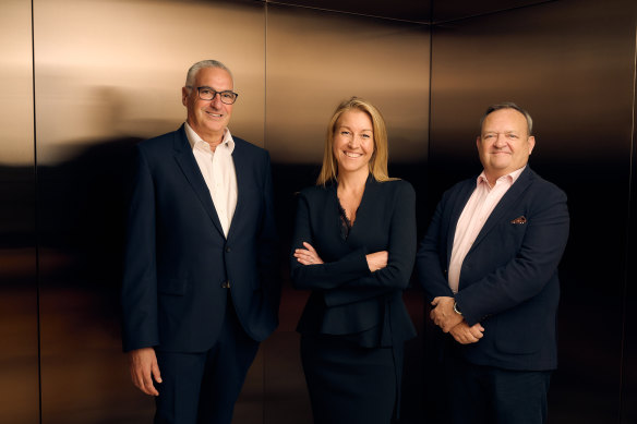 Left to right: Outgoing Myer chair Ari Mervis; incoming CEO Olivia Wirth; outgoing chief executive John King.
