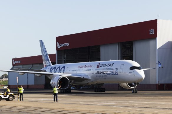 An Airbus-owned A350-1000 at Sydney Airport for the announcement of Qantas’ mega-deal for a dozen of the jets to operate ultra-long haul routes. 