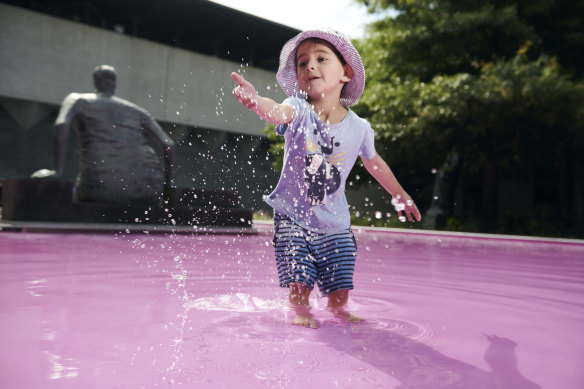 Kids enjoying pond(er) the 2021 Architecture Commission by architects Taylor Knights and artist James Carey at NGV International.