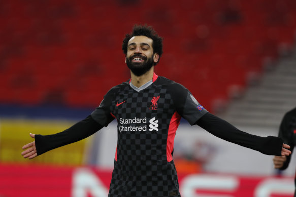 Liverpool’s Mohamed Salah celebrates one of the goals which gave the Reds hope of salvaging their season in the Champions League.