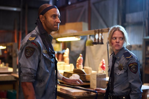 Matt Okine and Tegan Higginbotham in Stan’s new horror-comedy Gnomes.