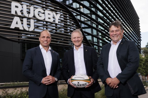 RA CEO Phil Waugh, Wallabies head coach Joe Schmidt and RA director of high performance Peter Horne.