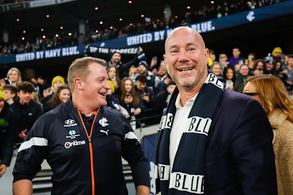 Carlton coach Michael Voss and Luke Sayers in 2023, when the latter was Blues president.