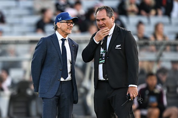 Dave Rennie and new Wallabies coach Les Kiss share a laugh in Auckland last week.