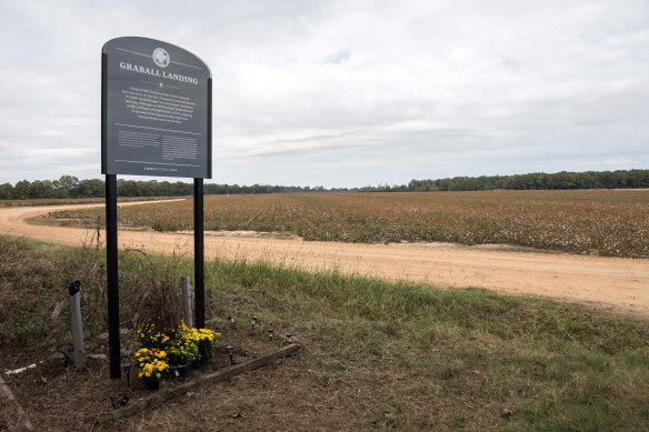 The new historical marker at Graball Landing, just outside of Glendora, Mississippi, where it is believed Emmett Till’s body was found in 1955. The sign, which is the fourth to replace others that were vandalised, is made of steel and weighs 225 kilograms. 