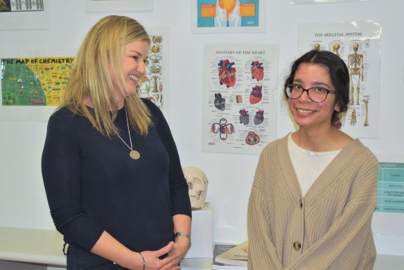 School of Special Educational Needs Medical and Mental Health science teacher Lisa Price with ex-student Jessica Sharma, now studying nursing at Notre Dame.