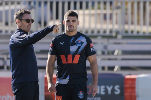 Brad Fittler and Nathan Cleary during the Blues Origin camp this year.