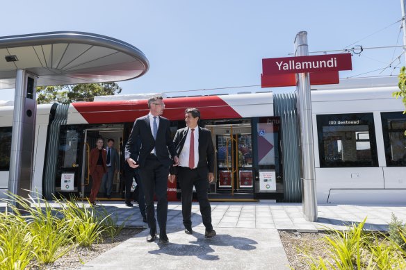 Premier Dominic Perrottet, left, and Parramatta MP Geoff Lee showcased the Parramatta light rail line in December.