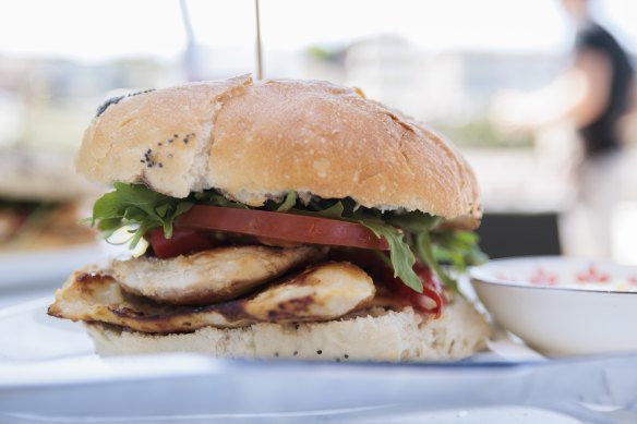 Chicken burgers at lunch with Rob Brander, rip specialist, at the Tamarama Beach Cafe.