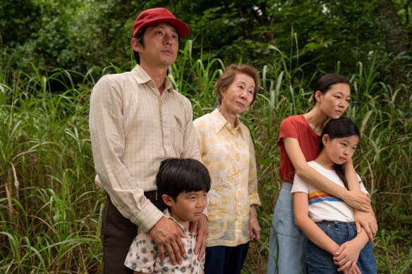 Steven Yeun with fellow cast members in Minari, for which he was nominated for best supporting actor.