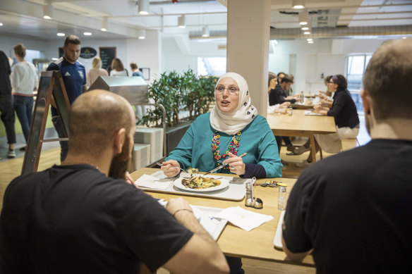 Noura Baterdouk, a 38-year-old mother of three from Syria, during lunch at Vaude in Tettnang, Germany.