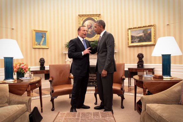 Then Australian prime minister Tony Abbott with US President Barack Obama in the Oval Office in 2014.