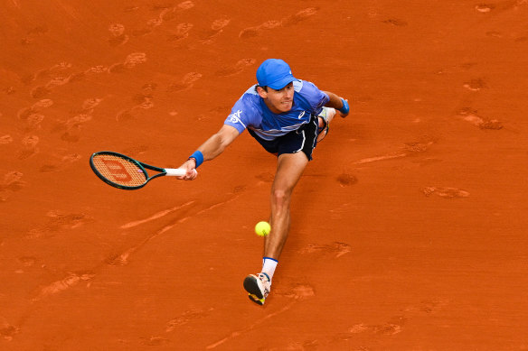 Alex de Minaur plays a forehand in beating Rafael Nadal in Barcelona.