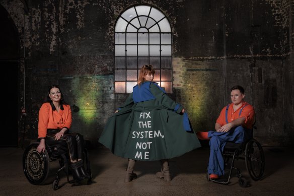 Models Suzanne Berry, Cleo Hayden and Jason Clymo pose after the Adaptive Fashion show at Sydney’s Carriageworks.