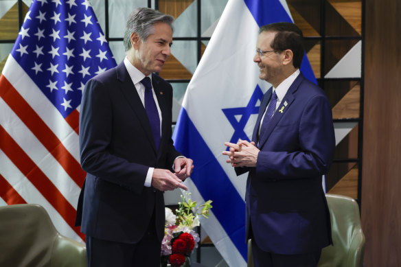 US Secretary of State Antony Blinken meets with Israeli President Isaac Herzog in Tel Aviv, Israel.