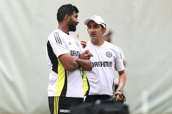 Gautaum Gambhir with Jasprit Bumrah in Perth.
