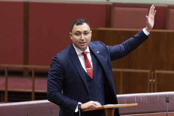 Senator Ralph Babet delivering his first speech in the Senate at Parliament House in Canberra on Wednesday, August 3.