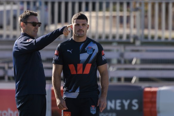 Kick it this way... NSW coaches Brad Fitler and Nathan Cleary at Coogee Oval this week