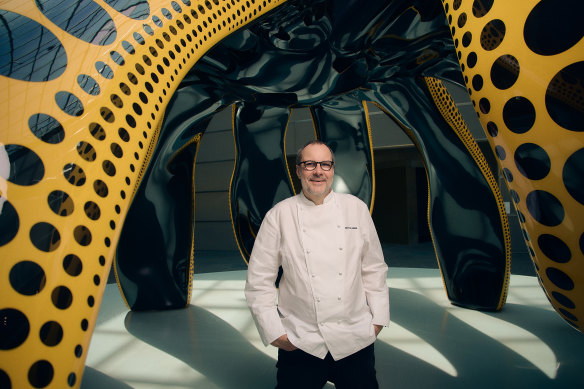 Chef Martin Benn with Japanese artist Yayoi Kusama’s work Dancing Pumpkin at NGV International.
