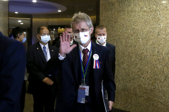 The Czech Senate President Milos Vystrcil waves to media as he walks into the meeting room of Taiwan and Czech Economic, Trade and Investment Forum in Taipei during his six-day visit.