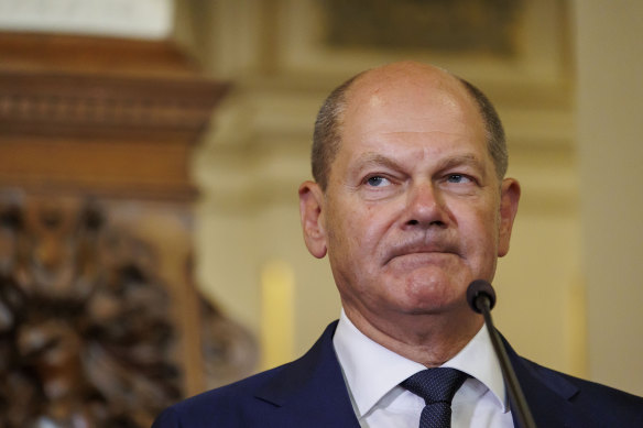 German Chancellor Olaf Scholz reacts during a press statement after testifying at the Hamburg state parliamentary commission investigating the CumEx Files.