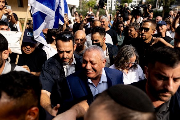Former Israeli army chief of staff and Yashar Party leader, Gadi Eisenkot, greets supporters after casting his vote during Israel’s general elections.