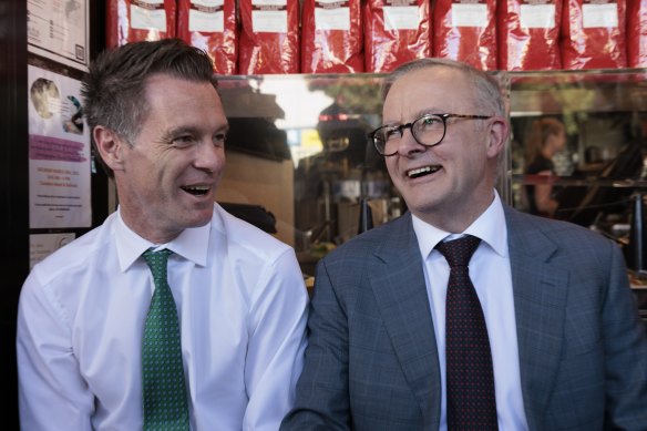 NSW Labor leader Chris Minns and Prime Minister Anthony Albanese on the campaign trail in Balmain.