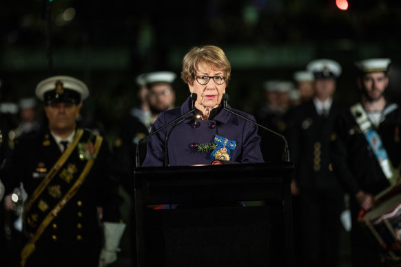 The Governor, Margaret Beazley, looks on at the ANZAC Day dawn service in Martin Place.