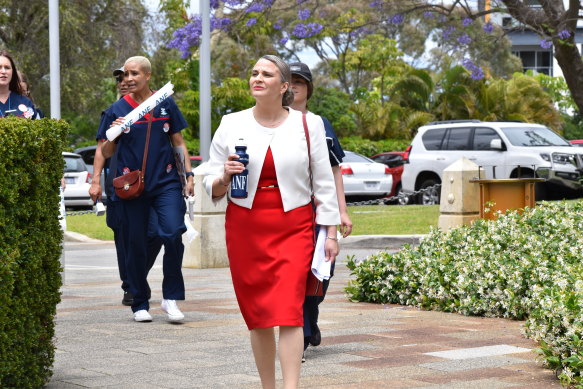 Janet Reah led staff at a rally at parliament house in November 2022, calling for better pay.