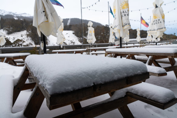 A healthy layer of snowfall builds up at Thredbo on Tuesday.