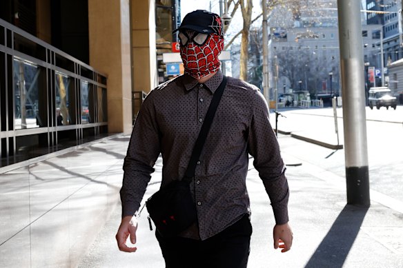 Jack Gibson-Burrell arrived at the Melbourne Magistrates’ Court on Thursday wearing a Spider-Man mask.