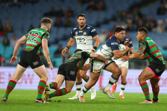 Jason Taumalolo can’t find a way through.