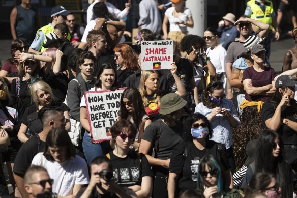 Protesters gather for a rally against ongoing Indigenous deaths in custody in Sydney.