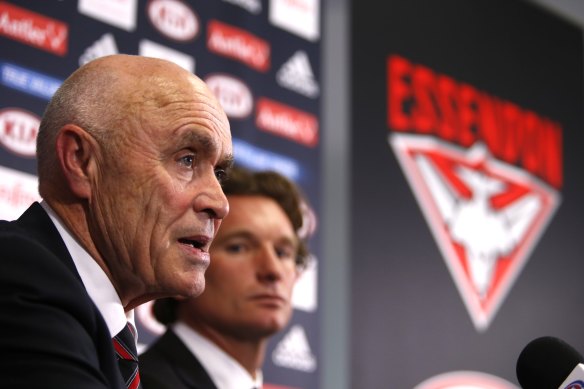 Paul Little in 2015 in his then role as Essendon president, with then coach James Hird.