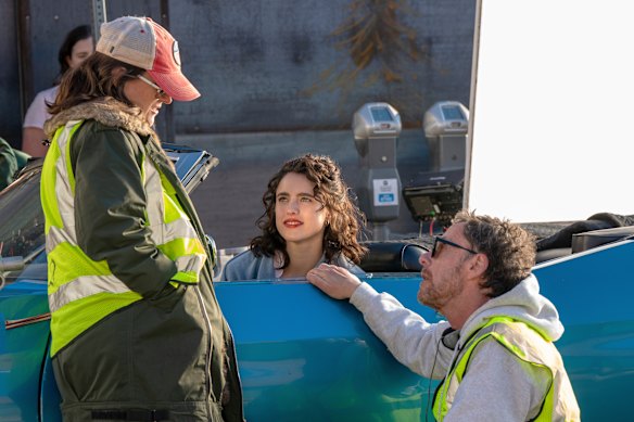 Tricia Cooke (left), Margaret Qualley and Ethan Coen on the set of Honey Don’t!.