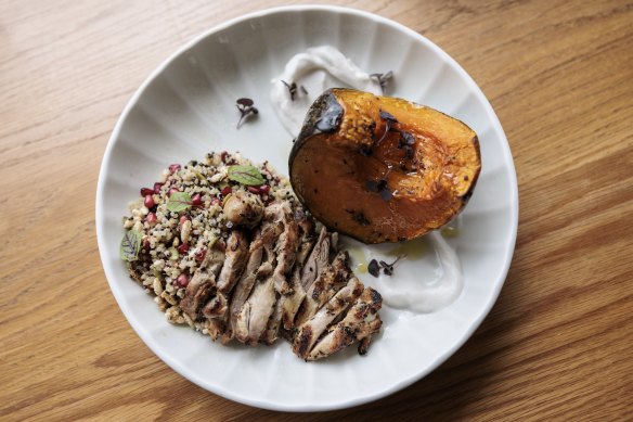 Roast Pumpkin, salad and chicken at Bathers Coogee.