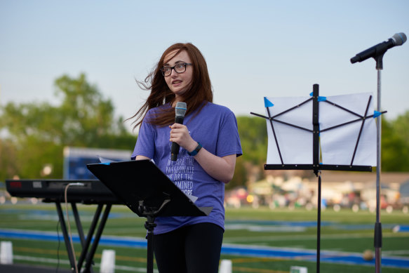 Amara Strande speaking at Tartan High School’s Relay For Life cancer fundraiser in 2018, a year after she was diagnosed with liver cancer. 