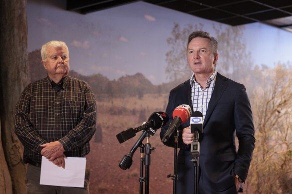 Climate Change and Energy Minister Chris Bowen and Ian Chubb announcing the release of a report into Australia’s carbon credits. 