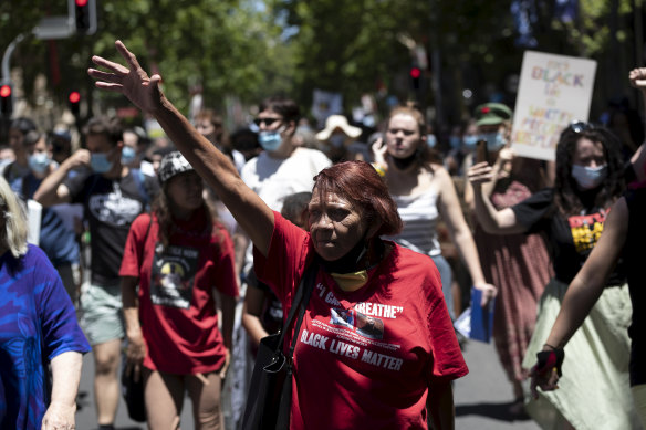 David Dungay jnr’s mother, Leetona, leads a Black Lives Matter rally in Sydney in December 2020.