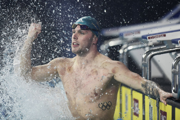 Olympic champion Kyle Chalmers celebrates during an International Swimming League meet in Hungary last year.