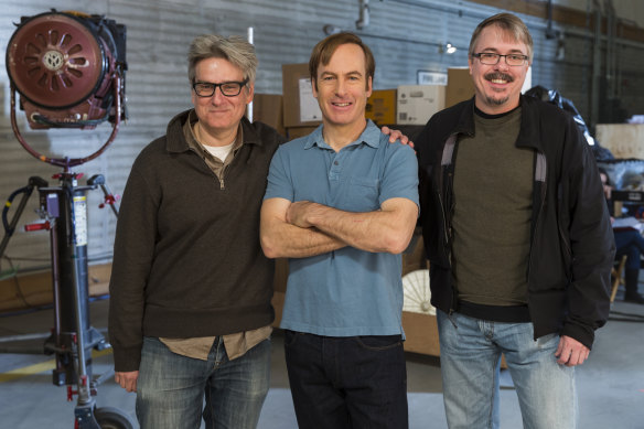 Odenkirk (centre), with the show’s co-creators Peter Gould (left) and Vince Gilligan.