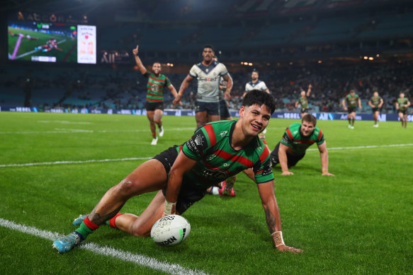 Jaxson Paulo celebrates a Souths try.