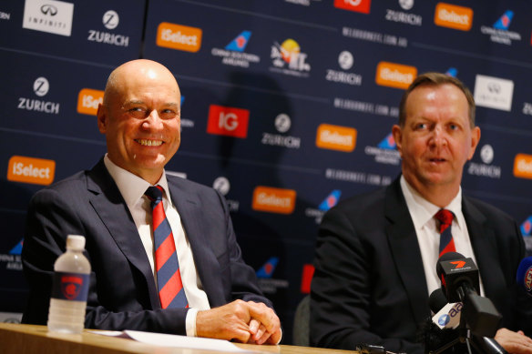 Former CEO Peter Jackson (left) with Melbourne chairman Glen Bartlett.