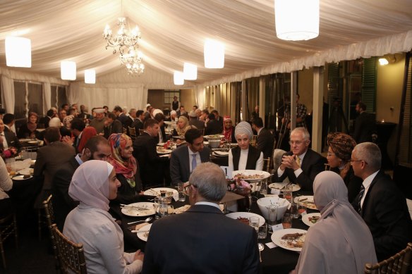 Bachar Houli and Waleed Aly at an iftar dinner with then PM Malcolm Turnbull.