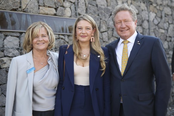 Nicola Forrest, Grace Forrest and Andrew ‘Twiggy’ Forrest in 2021.